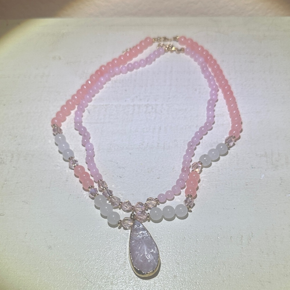 2 Piece Rose Quartz and Bead Teardrop Pendant Necklace
